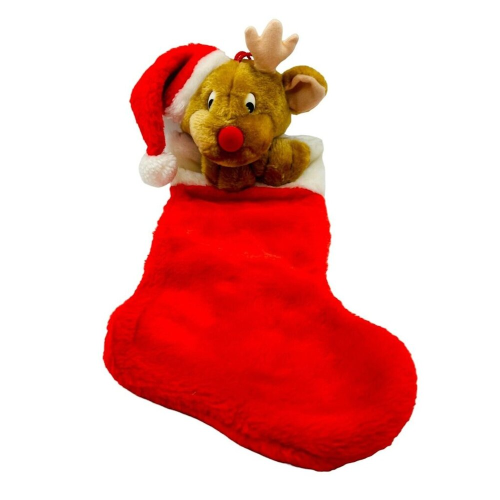 Rudolph Reindeer Christmas Stocking Plush 3D Santa Hat Stuffed Animal 22 inch